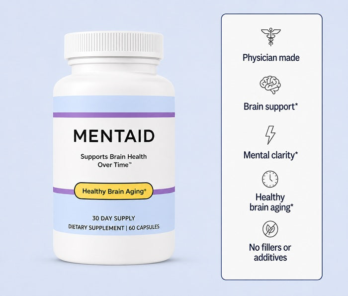 Mentaid bottle next to a column of details: Physician made, brain support, mental clarity, healthy brain aging, no fillers or additives