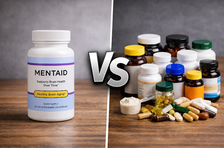 Mentaid supplement bottle versus several separate supplement bottles and capsules, illustrating an all-in-one formula compared with multiple supplements