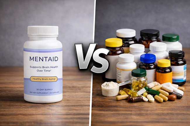 Mentaid supplement bottle versus several separate supplement bottles and capsules, illustrating an all-in-one formula compared with multiple supplements