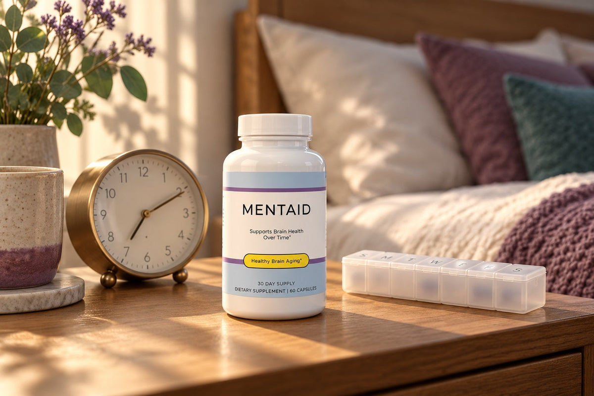 A nightstand with a plant, clock, pill sorter, and bottle of Mentaid