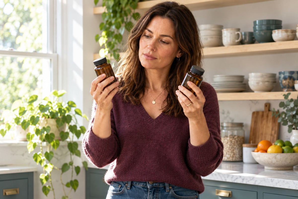 Woman in a kitchen comparing two supplement bottles, one in each hand