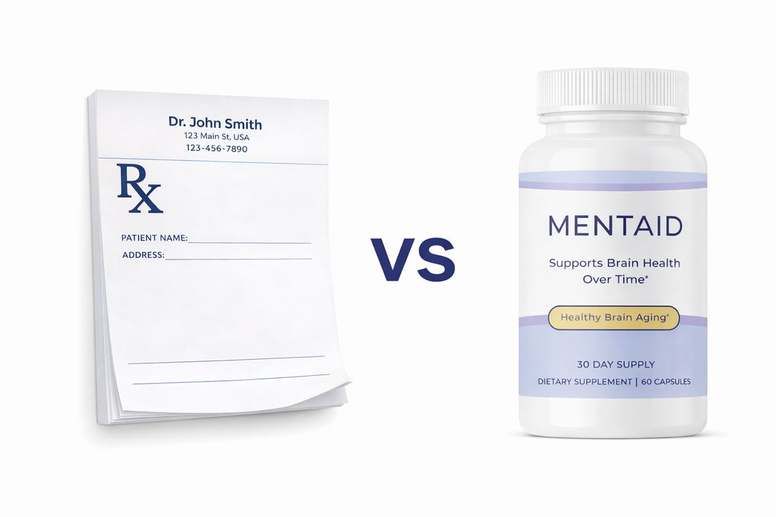 Prescription pad versus Mentaid supplement bottle, comparing traditional prescriptions with brain health supplement support