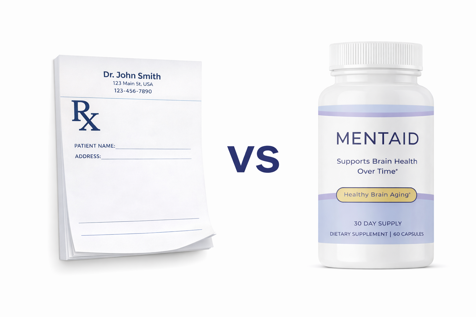Prescription pad versus Mentaid supplement bottle, comparing traditional prescriptions with brain health supplement support