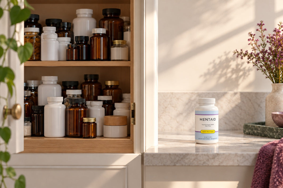 Cabinet crowded with many supplement bottles beside a single bottle of Mentaid on a kitchen counter