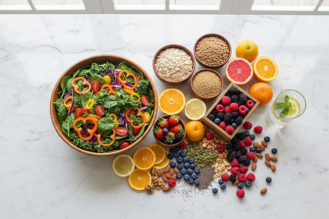 Nutritious foods including leafy greens, berries, citrus, nuts, seeds, and grains, representing a healthy diet for brain and overall wellness