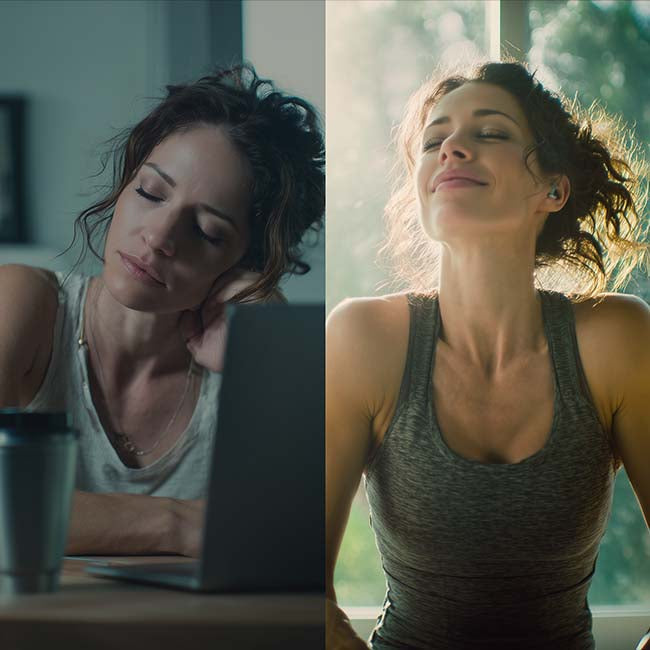 Split image of a tired woman on the left and a refreshed, smiling woman on the right