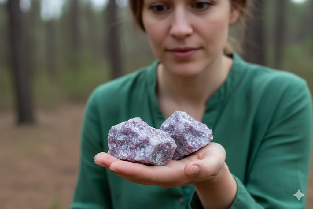 "Woman examining two purple lithium mineral stones, representing lithium as a natural mineral