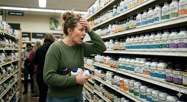 Woman overwhelmed by many supplement choices in a store aisle, illustrating supplement confusion
