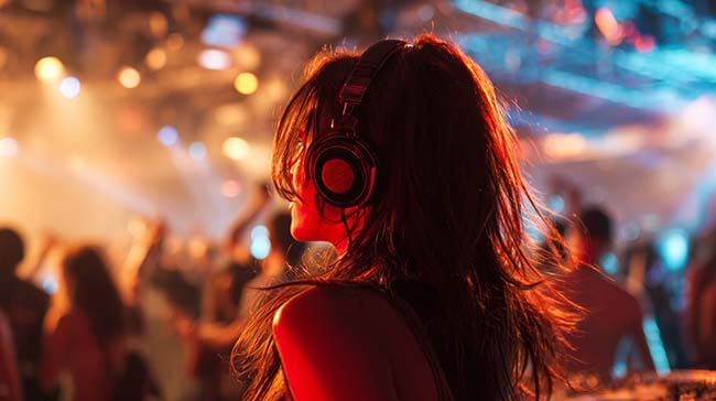 Person wearing headphones in a loud, colorful social setting.