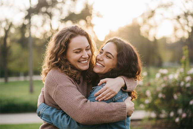 Two women sharing a happy hug outdoors, representing emotional well-being and social connection