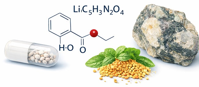 A capsule with white pellets, the chemical structure of lithium orotate, labeled LiC6H3N2O4, a pile of yellow seeds, green leaves, and a gray mineral rock are shown on a white background.