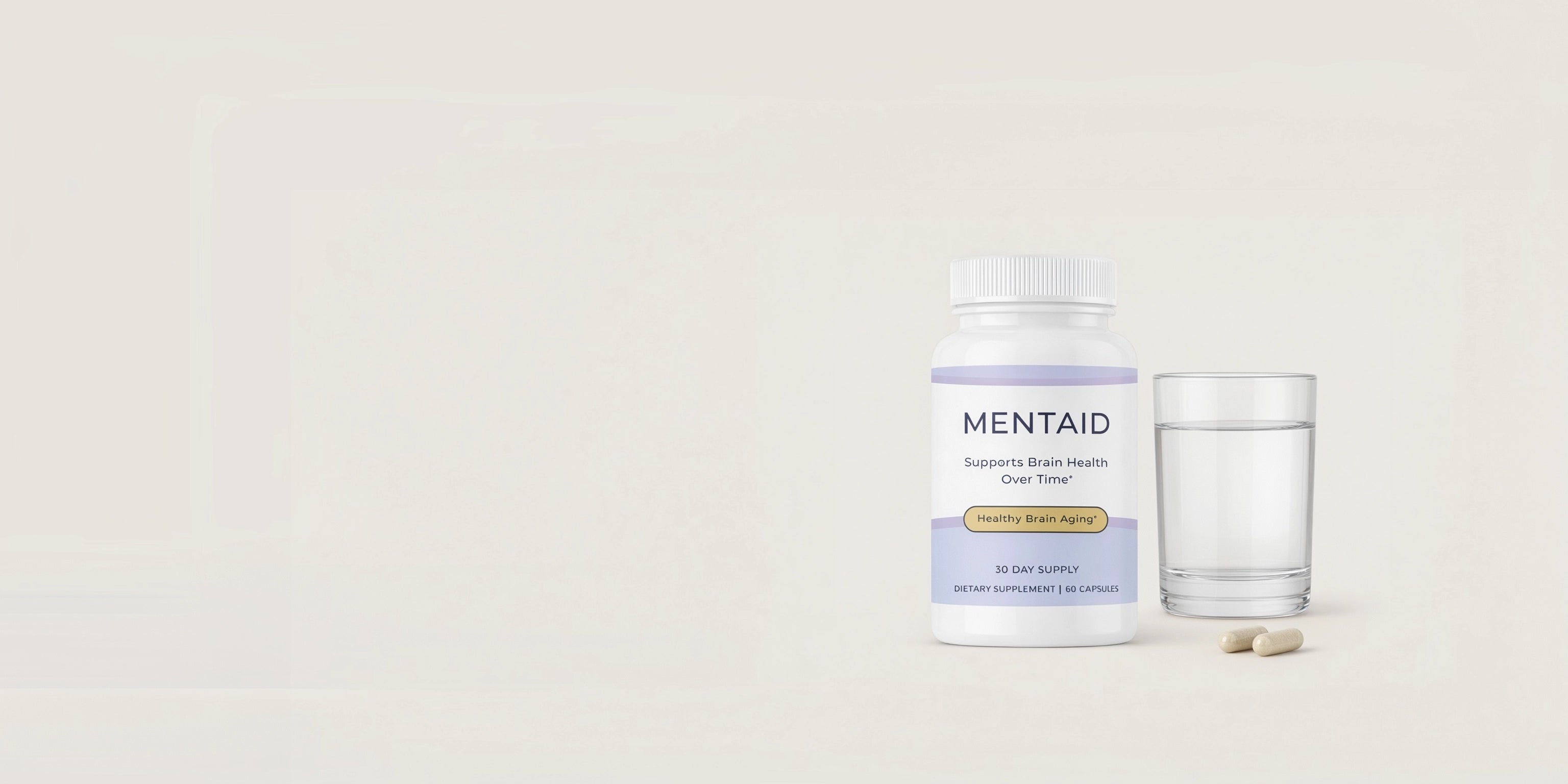 Mentaid supplement bottle with a glass of water on a light background