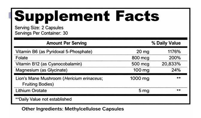 Supplement Facts label for Mentaid listing 2-capsule serving size, 30 servings, vitamin B6, folate, vitamin B12, magnesium, Lion’s Mane mushroom, lithium orotate, and methylcellulose capsules.
