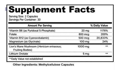 Supplement Facts label for Mentaid listing 2-capsule serving size, 30 servings, vitamin B6, folate, vitamin B12, magnesium, Lion’s Mane mushroom, lithium orotate, and methylcellulose capsules.