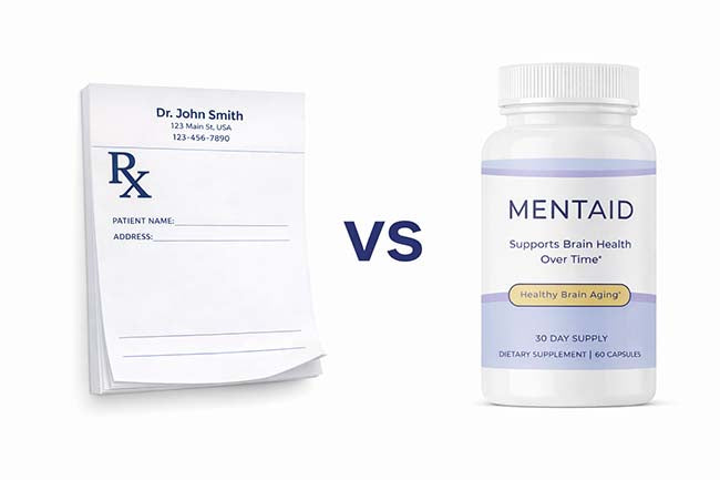 A prescription pad labeled 'Dr. John Smith' is shown on the left, and a bottle labeled 'MENTAID Supports Brain Health Over Time' is on the right, with 'VS' in between, comparing the two items.