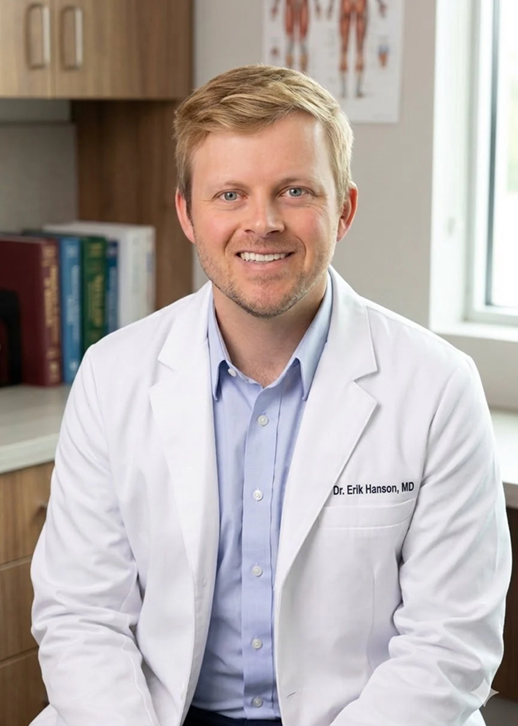 Dr. Erik Hanson wearing a white lab coat and blue shirt, sits in a medical office.